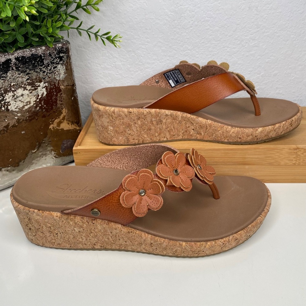 Skechers Cali Rare Blossom Wedge Sandals Brown Arch Fit Cork Flip Flops Size 8 - Picture 2 of 11
